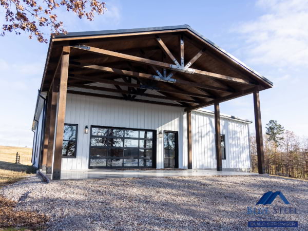 Blue Steel Manufacturing post frame shop house with board and batten siding